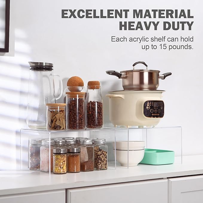 Acrylic Kitchen Cabinet Organizer Shelf, Spice Rack, Plate and Cupboard Storage Riser, Versatile Pantry Shelf, Durable Clear Countertop Organizer for Home and Kitchen(4 PCS)-Ruum Studio Home