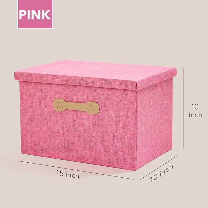 Enzk&Unity Decorative Storage Bins with Lids, Fabric Linen Foldable Storage Box with Handle Home Organizer for Shelf, Closet, Bedroom, Living Room, Office, 3 Packs, Pink-Ruum Studio Home