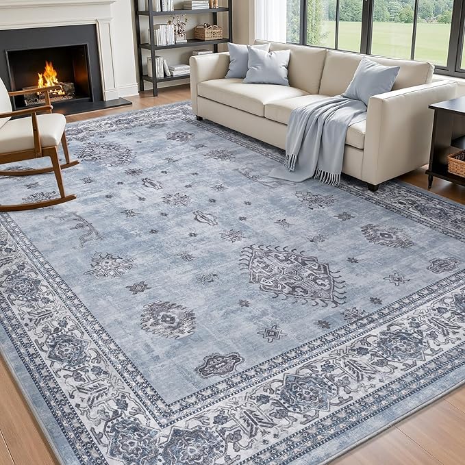 AMOAMI-Vintage Area Rug 5X7 Blue Rugs for Living Room-Soft Living Room Rug Non Slip Rugs for Bedroom Carpet Machine Washable Rug for Dining Room Bedside Office Room Decor-Ruum Studio Home