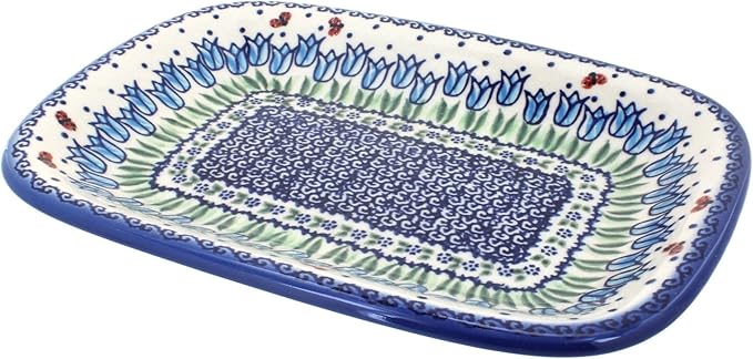 Blue Rose Polish Pottery Garden Tulip Small Rectangular Serving Platter-Ruum Studio Home