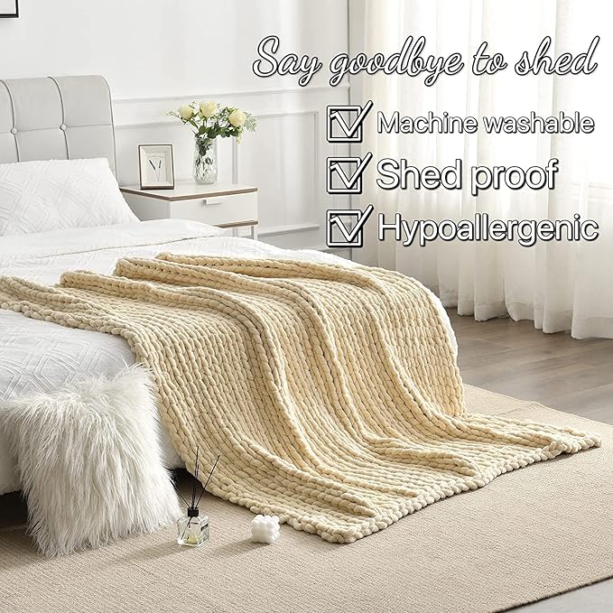 Maetoow Tighter Version Chenille Chunky Knit Blanket Throw （40×50 Inch）, Handmade Warm & Cozy Blanket Couch, Bed, Home Decor, Soft Fleece Banket, Boho Thick Blankets and Giant Yarn Throws，Beige-Ruum Studio Home