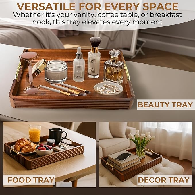 Acacia Wood Serving Tray with Metal Handles – 17x12in Rustic Decorative Ottoman & Coffee Table Tray for Breakfast in Bed, Dinner, Bar, Kitchen, Home Décor & Entertaining-Ruum Studio Home