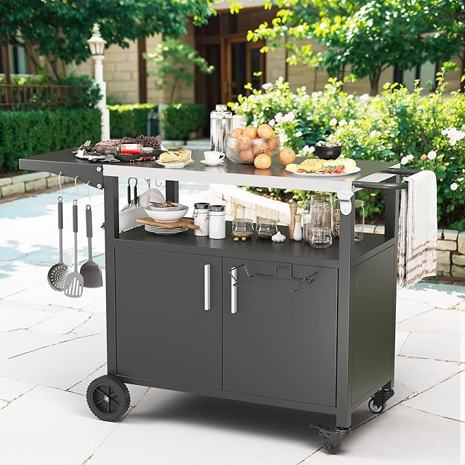 JY QAQA Outdoor Grill Cart with Storage,Patio Kitchen Island Outdoor Grill Table with Wheels,BBQ Cart Movable Pizza Oven Table Stand, Storage Cabinet, Foldable Tabletop, Black-Ruum Studio Home