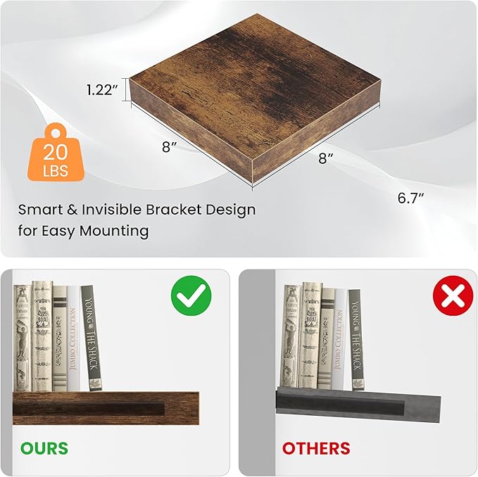 Square Floating Shelves for Wall, 8"W x 8"D x 1.2"H, Small Wooden Wall Mounted Display Shelves with Invisible Brackets for Living Room, Bedroom, Bathroom, Kitchen Decor, Set of 4, Rustic Brown-Ruum Studio Home