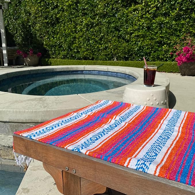 Del Mex Classic Mexican Blanket, Large Authentic Woven Falsa Throw (70"x50"), Artisan Southwest Décor for Beach, Yoga, Outdoors (Orange/Pink/Blue)-Ruum Studio Home