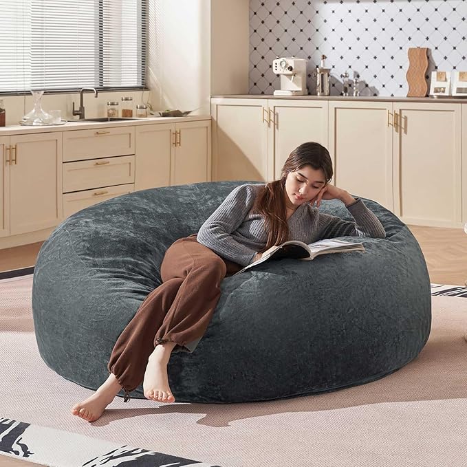 Bean Bag Chair 5Ft, Memory Foam Filled, Large Beanbag Chairs for Adults and Teens, Soft Sofa with Removable Flannel Cover, Round Couch for Living Room Bedroom College Dorm (Dark Gray, 5FT-60×60"×24")-Ruum Studio Home