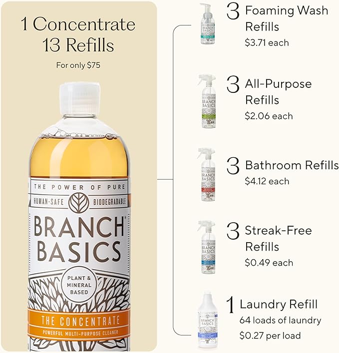 Branch Basics Premium Starter Kit: All Purpose, Glass, and Bathroom Cleaner plus our Foaming Wash, and Laundry Bottle (3 Plastic Spray Bottles + Concentrate) Fragrance-Free-Ruum Studio Home
