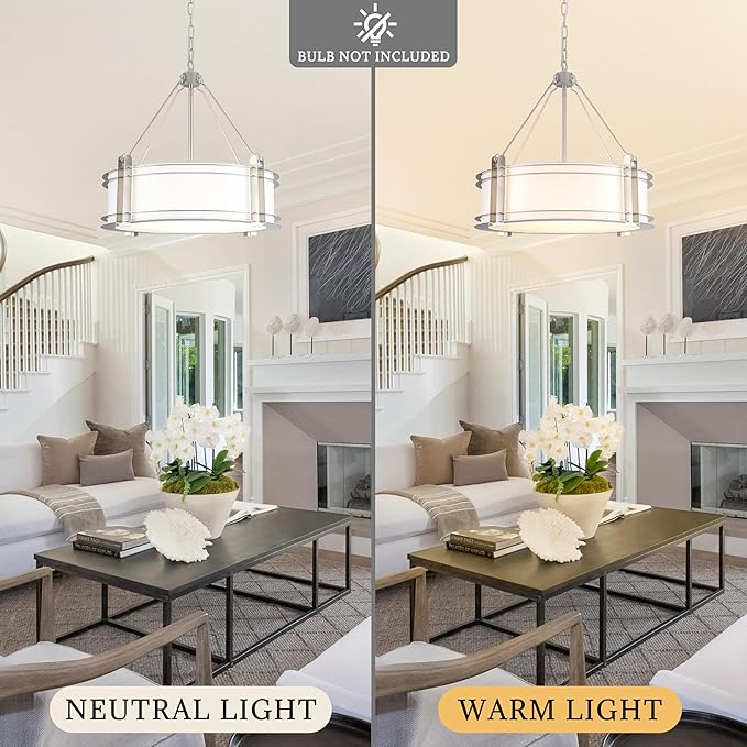 20.4''Drum Chandelier,5-Light Brushed Nickel Modern White Fabric Chandeliers,Farmhouse Round Pendant Light Fixture for Dining Room Kitchen Island Living Room Bedroom Hallway-Ruum Studio Home