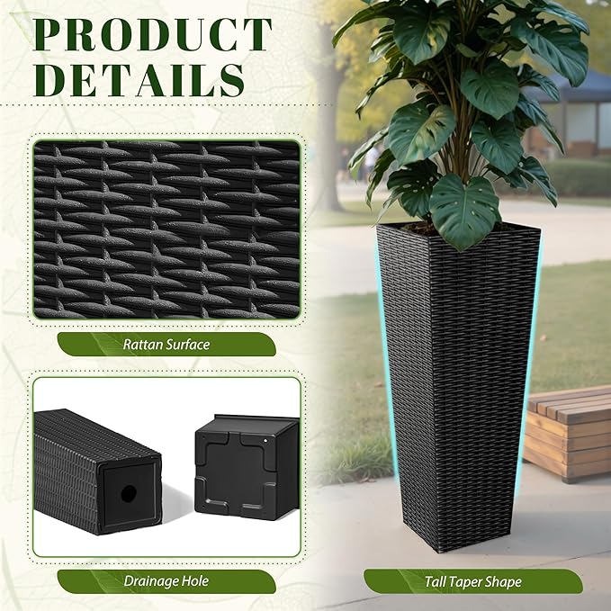 JUMMICO Set of 2 Resin Rattan Tall Planters for Outdoor Plants, Large Tapered Planters with Drainage Holes&Inner Trays, Flower Pots for Garden, Patio, Porch, Backyard (Black, 32'')-Ruum Studio Home