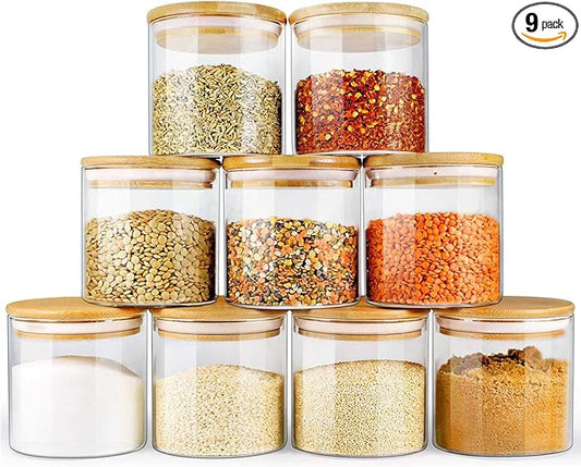 Glass Jars with Bamboo Lids (16oz in 9 Pack), Food Jars and Canisters Sets with lids, Food Storage Jars with Airtight Lids, Glass Pantry Jars-Ruum Studio Home