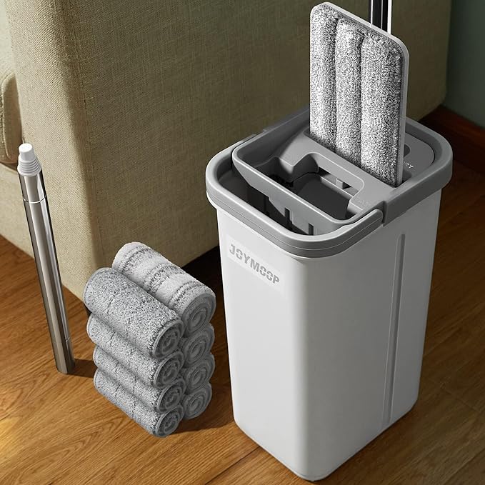JOYMOOP Mop and Bucket with Wringer Set, Hands Free Flat Floor Mop and Bucket, with 8 Washable Microfiber Pads, Wet and Dry Use, Floor Cleaning System-Ruum Studio Home