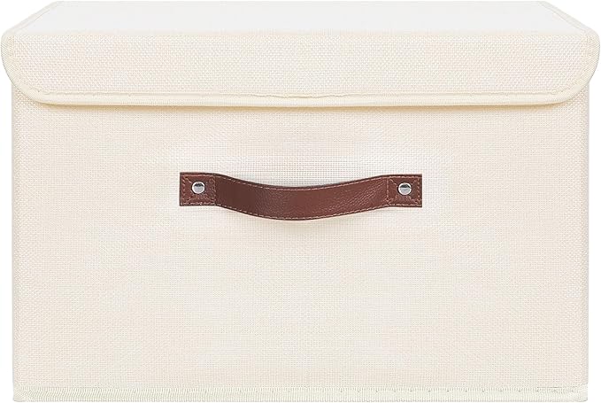 ANMINY 4PCS Storage Bins with Lid PU Leather Handles Storage Boxes PP Plastic Board Decorative Foldable Lidded Cotton Linen Fabric Home Cubes Baskets Closet Organizer Containers - Beige, Large Size-Ruum Studio Home