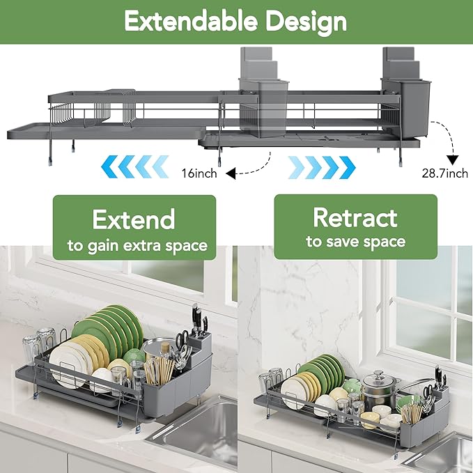 ROTTOGOON Expandable Dish Drying Rack,Multifunctional Adjustable Dish Drainer with Swivel Spout and Anti-Rust Dish Rack with Removable Cutlery & Cup Holders for Kitchen Counter,Dark Grey-Ruum Studio Home