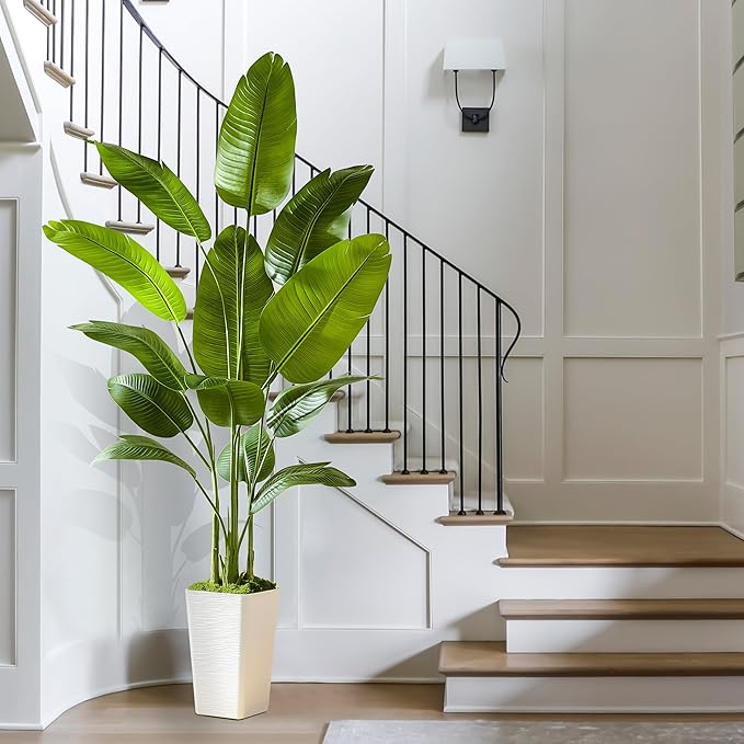 Fake Bird of Paradise Silk Artificial Plant Faux Banana Leaf Tree Lifelike Bird of Paradise for Home Decor Indoor Floor Plant with 10 Trunks (1, White Tall Planter, 6 FT)-Ruum Studio Home