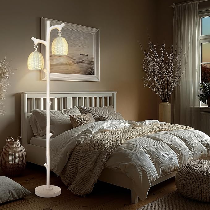 Scenekoy Rustic 68” Tall Floor Lamp with Rattan Shade, Retro Standing Lamp Tree Trunk Washed White Finish & Resin Body, Dimmable Corner Lamp with Bulb Prefer for Living Room Bedroom Home Decor-Ruum Studio Home