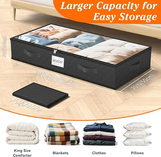 SpaceWhisper 90L Under Bed Storage Containers, 4-Pack Storage Bins with Clear Top, Foldable Closet Organizers and Storage with Label Holder for Clothing, Blankets, Comforter & Pillows(Black)-Ruum Studio Home