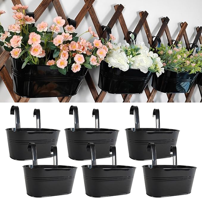 6 Pack Metal Hanging Planter for Outdoor Plants, 10 Inch Black Fence Planters Railing Pots for Garden Patio Balcony Decor, Flower Bucket with Detachable Hooks (Black, 6Pcs)-Ruum Studio Home