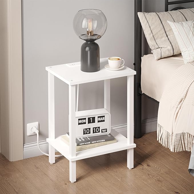 TUTOTAK End Table with Charging Station, Set of 2, Small Side Table with Outlets, Nightstand Bedside Table, 2-Tier Storage Shelf for Small Space, Living Room, Bedroom White TB01BW041-Ruum Studio Home