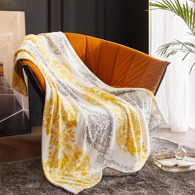 CASAAGUSTO Boho Throw Blanket - Yellow and Gray Damask Decorative Blankets with Tassel, Printed Flannel Bohemian Blanket for Chair, Bed, Sofa, Couch(50 * 60, Yellow and Gray Damask)-Ruum Studio Home