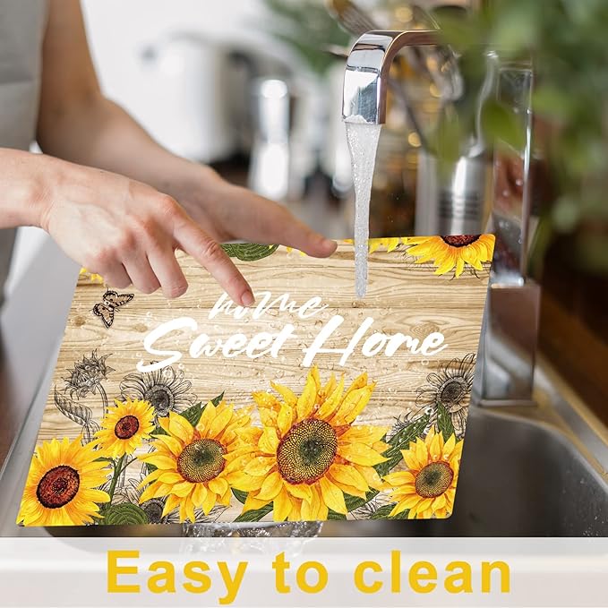 Sunflower Placemats Set of 6 Sunshine Plastic Table Mats Vintage Sunflower Theme Place Mats Summer Holiday Washable Table Placemats for Indoor Outdoor Party Kitchen Dining-Ruum Studio Home