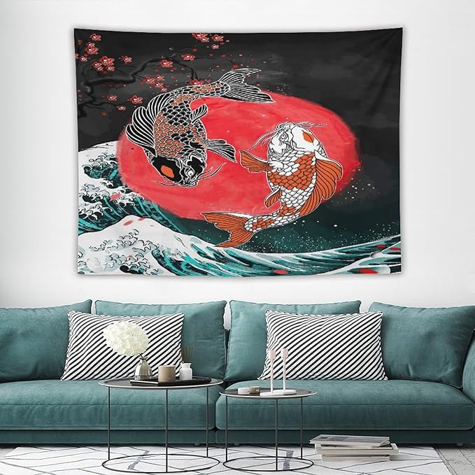 Houselerax Koi Fish Tapestries,Japanese Style Yin Yang Big Wave Cherry Blossoms Tapestry Wall Hanging for Bedroom Living Room Office Decor 80"x60"-Ruum Studio Home