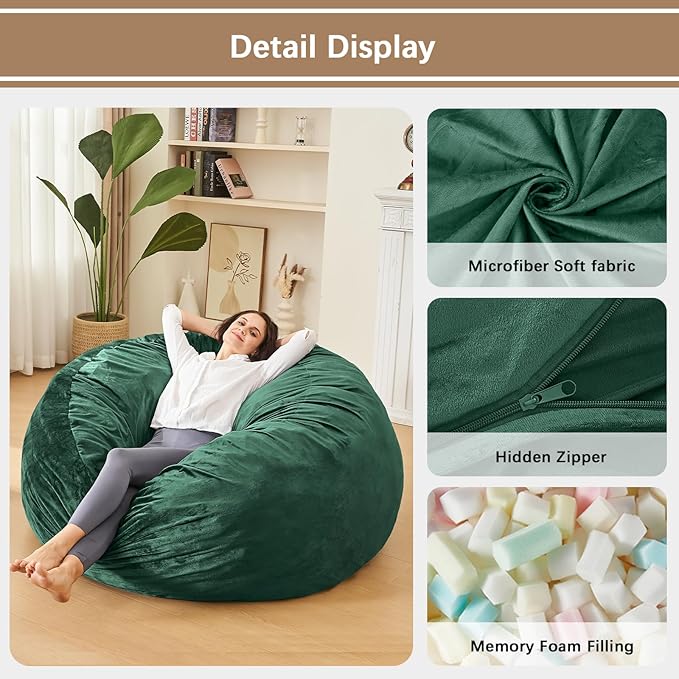 Bean Bag Chairs for Adults - Memory Foam Furniture BeanBag Chair - Kids/Teens Sofa with Soft Micro Fiber Cover - Round Fluffy Couch for Living Room Bedroom College Dorm - 4 ft, Green-Ruum Studio Home