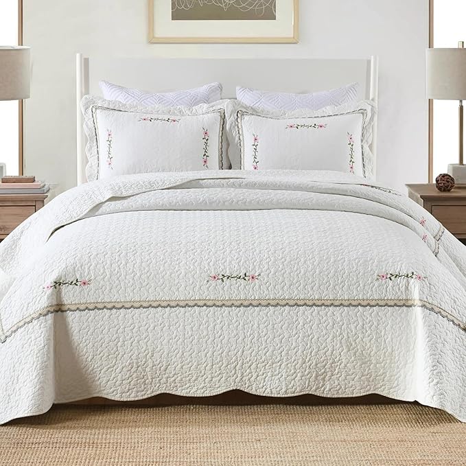 MarCielo 3-Piece 100% Cotton Oversized Bedspread Lightweight Quilt Coverlet Embroidery Farmhouse Bedding Set (Sakura White, Oversized Queen (100"x106"))-Ruum Studio Home