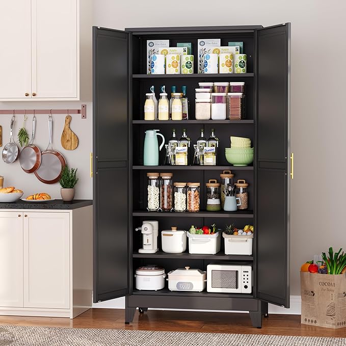 Metal Pantry Cabinet with 2 Doors and 5 Adjustable Shelves, 75" Kitchen Storage cabinets with Gold Handles, Versatile Storage for Laundry Room, Living Room, Bathroom, Dinning Room, Utility Room-Black-Ruum Studio Home