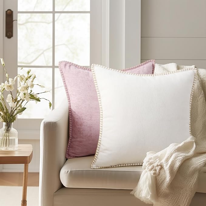 decorUhome Chenille Soft Throw Pillow Covers 16x16 Set of 2, Farmhouse Velvet Neutral Decorative Euro Pillow Covers with Stitched Edge for Couch Sofa Bed Home Decor, Cream White-Ruum Studio Home
