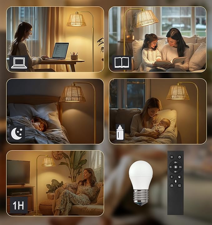 Oneach Arc Floor Lamp for Living Room with 3 Color Temperatures, Farmhouse Floor Lamps with Remote & Dimmable Bulb, Rattan Boho Floor Lamp with Hand-Woven Wicker & Fabric Shade-Ruum Studio Home