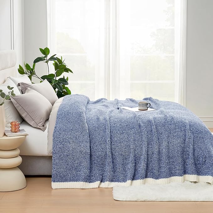Snuggle Sac Queen Size Bedding Blankets, Super Soft Warm Oversized Blankets for Bed, Cozy Knit Fuzzy Plush Bed Blankets,Heather Royal Blue,90x90 inches-Ruum Studio Home