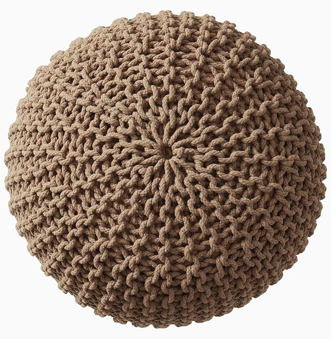 Ornavo Home Pouf Ottoman Foot Rest - 100% Cotton Pouffe - Hand Knitted Cable Braid Cord - Boho Round Stuffed Ottoman for Living Room, Bedroom - Taupe/Brown-Ruum Studio Home
