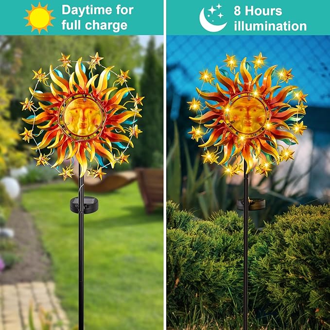 Solar Wind Spinner Metal Sun Decor, Wind Sculptures & Spinners 60.3 in Garden Kinetic Art with Solar Powered Vine String Shining LED Lights for Outdoor Garden Lawn Yard-Ruum Studio Home