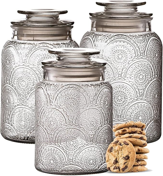 Le'raze Food Storage Containers with Airtight Lids - Retro Design - Pantry Organization, Glass Canisters Storage for Cookies, Tea, Sugar, Candy Jars, Sugar Packet, Set of 3-Ruum Studio Home