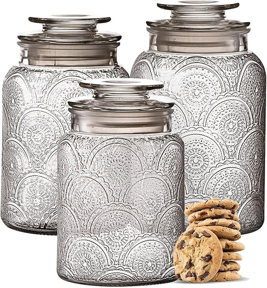 Le'raze Food Storage Containers with Airtight Lids - Retro Design - Pantry Organization, Glass Canisters Storage for Cookies, Tea, Sugar, Candy Jars, Sugar Packet, Set of 3-Ruum Studio Home