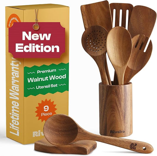 Riveira Walnut Wooden Spoons for Cooking Set of 9 – Natural Walnut Wooden Cooking Utensils, Wooden Spatula, Wooden Spoon - Premium Quality Wooden Utensil Set for Non-Toxic Cooking-Ruum Studio Home