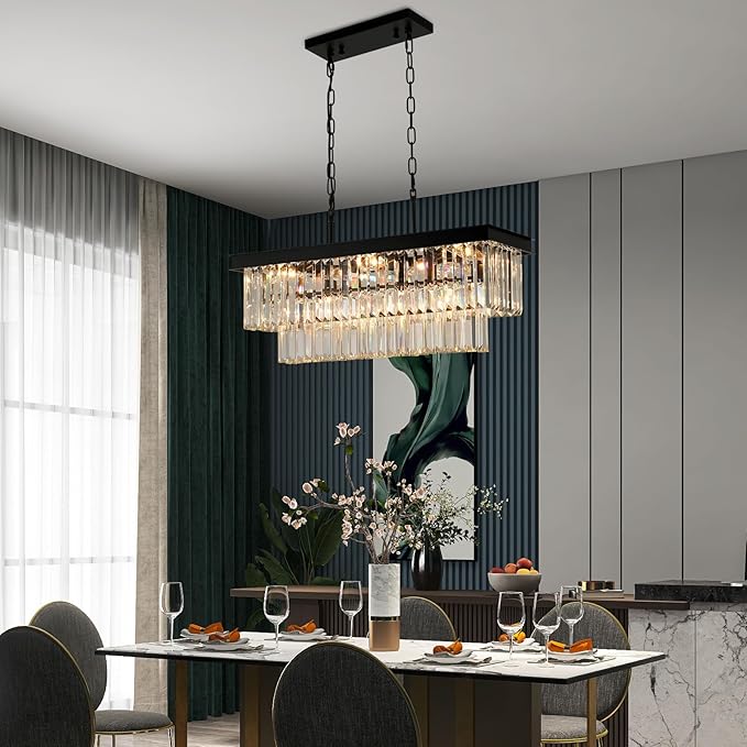 Black Crystal Chandeliers for Dining Room Light Fixtures Over Table，9-Lights Modern Rectangle Chandeliers for Kitchen Island Bar L28 Inch-Ruum Studio Home