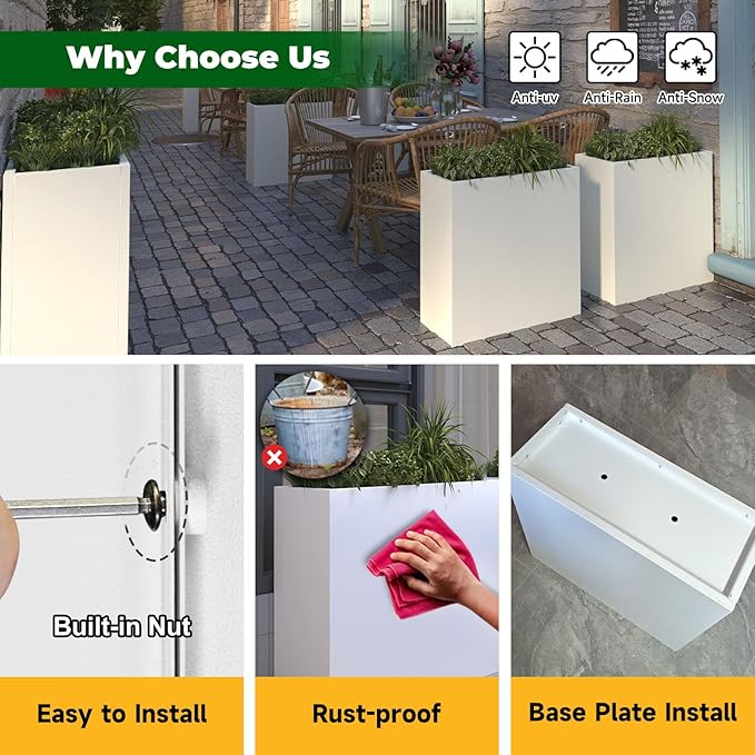 Galvanized Steel Metallic Heavy Planter for Outdoor Plants Metal Outdoor Planter Spliced Flower Box with Partitions for Outside,Indoor,Garden (White, 24 * 10 * 24)-Ruum Studio Home