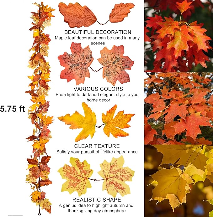 DearHouse 2 Pack Fall Garland Maple Leaf, 5.9Ft/Piece Hanging Vine Garland Artificial Autumn Foliage Garland Thanksgiving Decor for Home Wedding Fireplace Party Christmas (Yellow)-Ruum Studio Home
