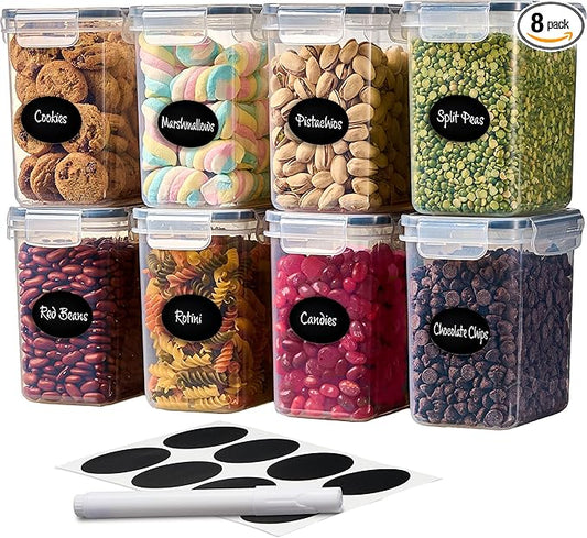 DWËLLZA KITCHEN Airtight Food Storage Container Set - 8 Pieces 1.4L - Plastic BPA Free Kitchen Pantry Storage Containers - Dishwasher Safe - Include 8 Labels - Keeps Food Fresh & Dry-Ruum Studio Home