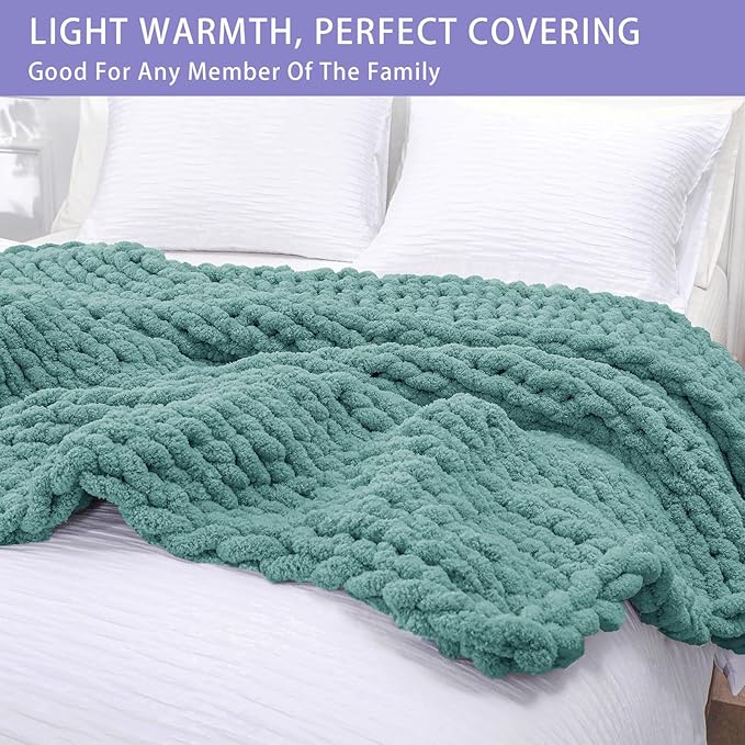 Bigacogo Chunky Knit Throw Blanket for Couch, 51x63 inches, 100% Hand Knitted with Thick Jumbo Chenille Yarn, Cozy Soft Large Rope Knot Cable Crochet Blankets for Sofa Bed Living Room, Light Teal-Ruum Studio Home
