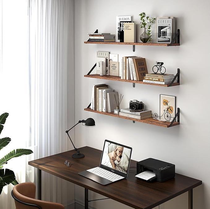 Heimlove Floating Shelves for Wall, 36 Inch Long Wood Floating Bookshelf Set of 3, Wall Mounted Hanging Shelf for Bathroom Bedroom Kitchen, Rustic Brown-Ruum Studio Home