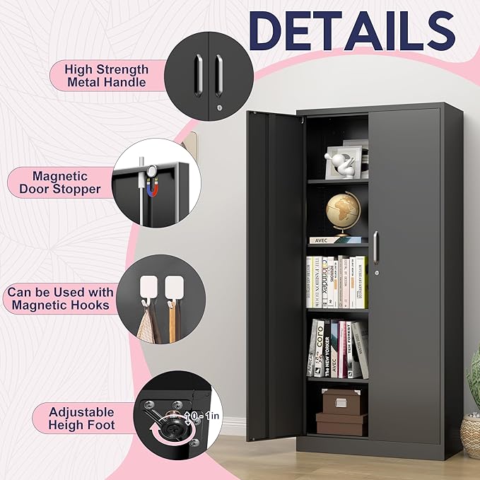71" Garage Storage Cabinets with Lock, Cabinets with Doors and Shelves, Kitchen Pantry Cabinet, Metal Cabinet for Office, Garage, Shop, School, Assemble Required, Black-Ruum Studio Home