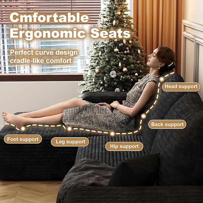 108" Sectional Couches for Living Room Modern Modular Sofa with L-Shape Couchs Upholstered Boneless Couch Deep Seat Sectional Couch with Chaise (Black, Left Facing Chaise+2Seaters)-Ruum Studio Home