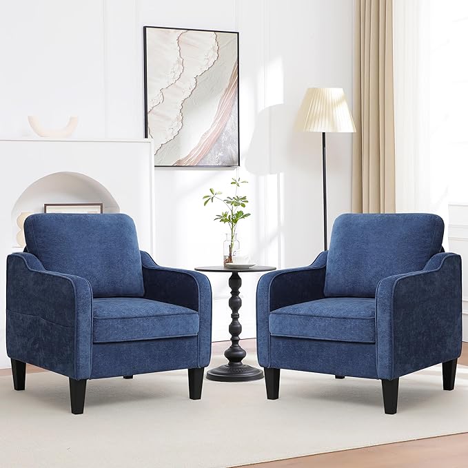 Accent Chair for Living Room, Mid Century Modern Reading Chair for Bedroom, Upholstered Armchair with Side Pockets, Comfy Single Sofa Side Chair for Office, Apartment, Small Room, Blue-Ruum Studio Home