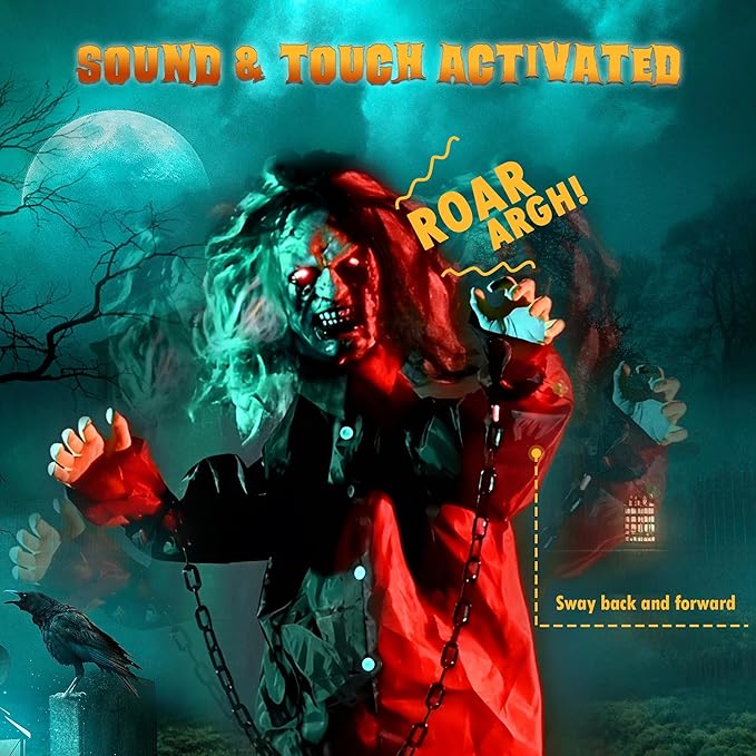 AW Animated Halloween Decorations,Scary Zombie Props 5.5 Ft Full Life Size with Motion/Sound Activated Glowing Eyes Horror Party Haunted House Outdoor Indoor Decorations 2025-Ruum Studio Home