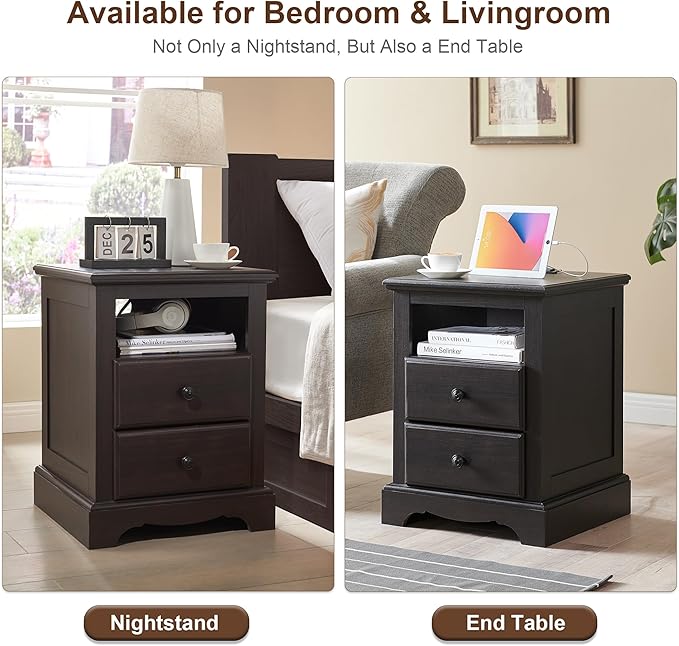 T4TREAM Nightstand with Charging Station, 18 Inch Vintage End Table with 2 Drawers for Living Room, Wood Rustic Sofa Side Table with Open Storage Shelf for Bedroom, Espresso-Ruum Studio Home