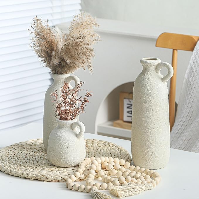 Ceramic Vase Set of 3 with Handle, Neutral Rustic Vases Home Decor Farmhouse Decorative Vase Whitewashed Pottery Decor Modern for Table Mantel Entryway Bookshelf Living Room Kitchen Bedroom - White-Ruum Studio Home
