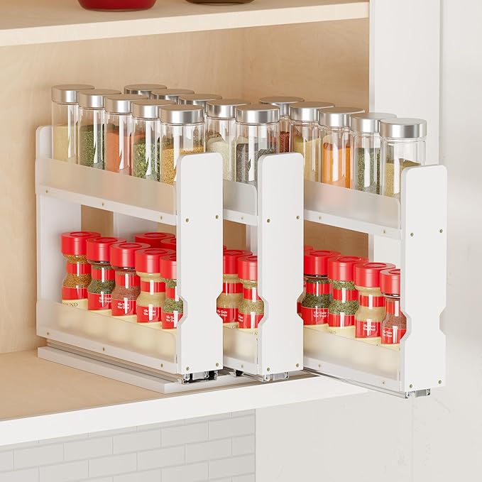 SpaceAid Bamboo Pull Out Spice Rack Organizer for Cabinet, Heavy Duty Slide Out Seasoning Kitchen Pantry Sliding Vertical Organization, 7.6" Wide, 3 Drawers(2" Wide), 2-Tier, White-Ruum Studio Home