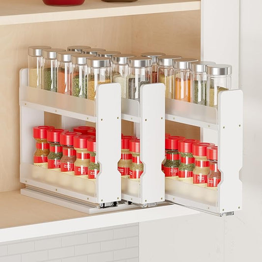 SpaceAid Bamboo Pull Out Spice Rack Organizer for Cabinet, Heavy Duty Slide Out Seasoning Kitchen Pantry Sliding Vertical Organization, 7.6" Wide, 3 Drawers(2" Wide), 2-Tier, White-Ruum Studio Home